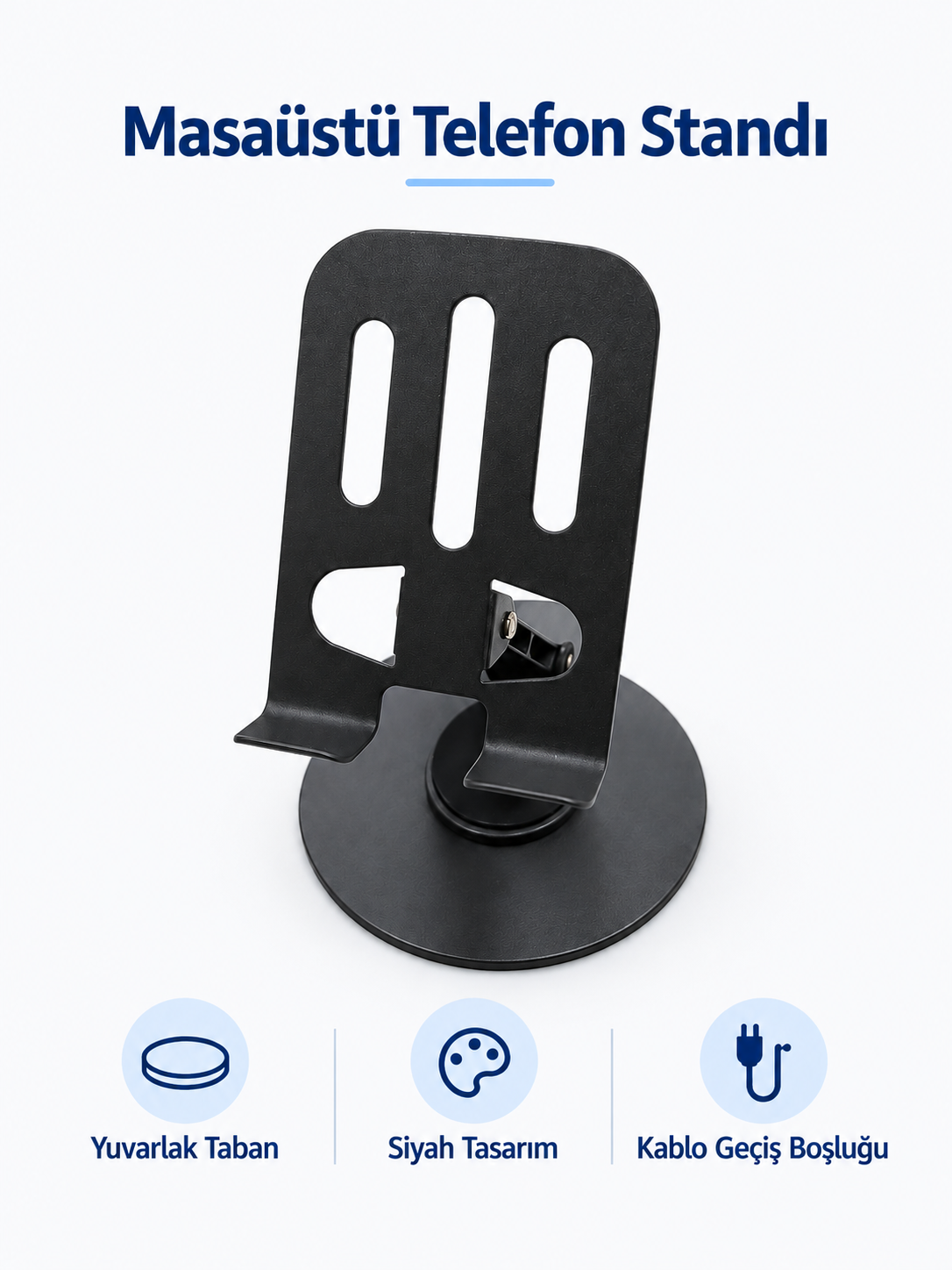 005 siyah masaustu stand Siyah yuvarlak tabanlı masaüstü telefon standı ürün bannerı