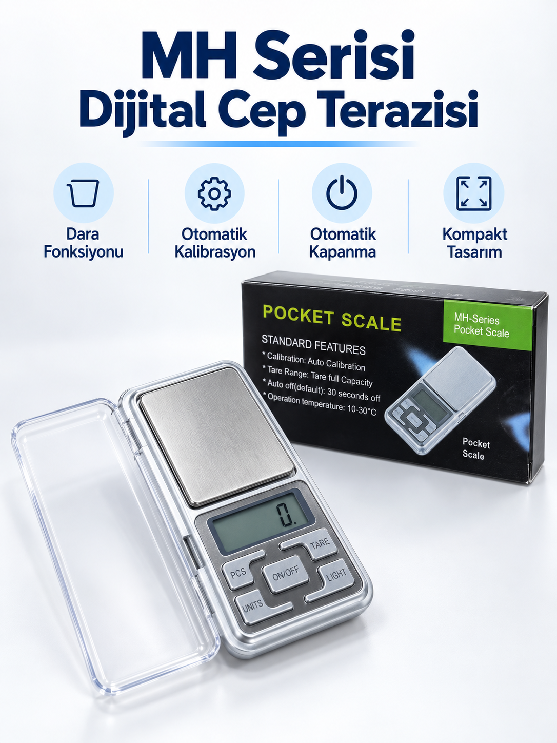 MH Serisi şeffaf kapaklı metal tartım yüzeyli LCD ekranlı dijital cep terazisi MH serisi cep terazisi ürün bannerı