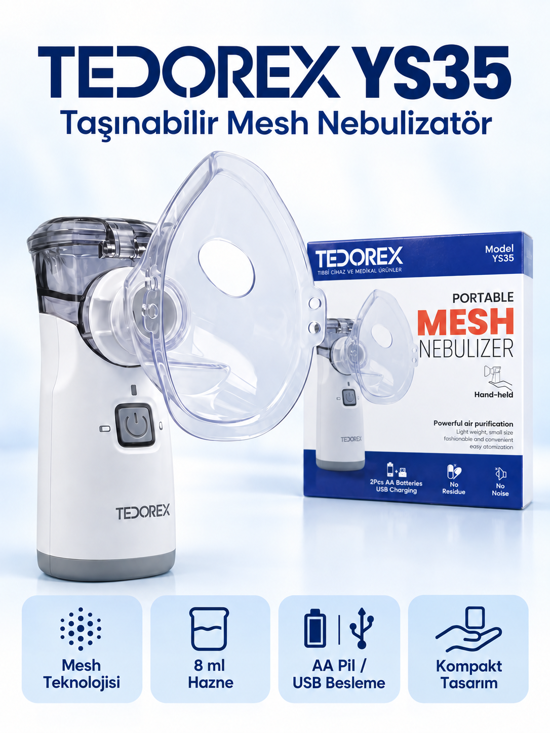 TEDOREX YS35 Taşınabilir Mesh Nebulizatör 8 ml Hazneli AA Pil ve USB Beslemeli Tedorex YS35 taşınabilir mesh nebulizatör ürün bannerı