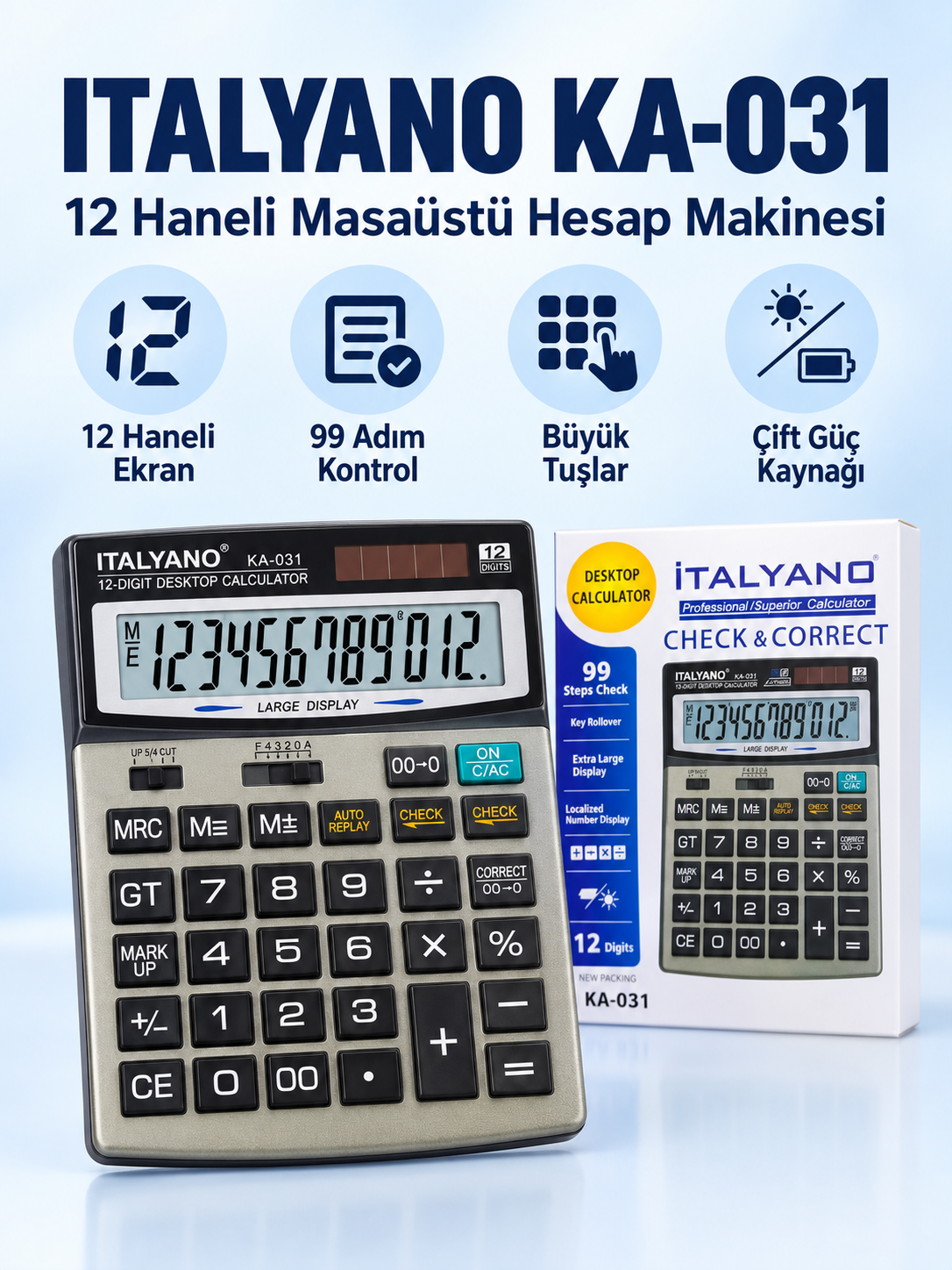 ITALYANO KA-031 12 Haneli Masaüstü Hesap Makinesi – 99 Adım Kontrollü, Çift Güç Kaynaklı Italyano KA031 hesap makinesi ürün bannerı