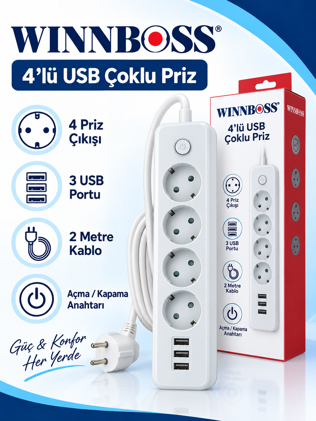 WINNBOSS 4’lü 3 USB 2 Metre Kablolu Çoklu Priz | YILDIRIM PLUS WINNBOSS 4 Priz 3 USB 2 Metre Uzatma Prizi ürün bannerı