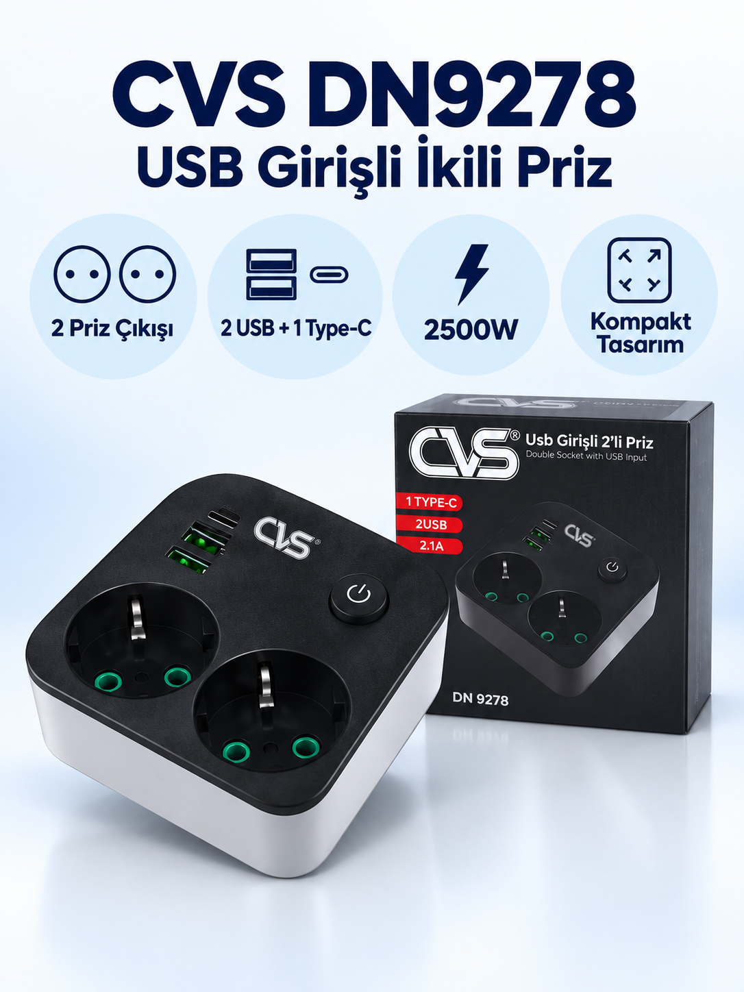 Beyaz mavi çok yönlü kompakt küp priz çoğaltıcı CVS DN9278 2 priz USB ürün bannerı