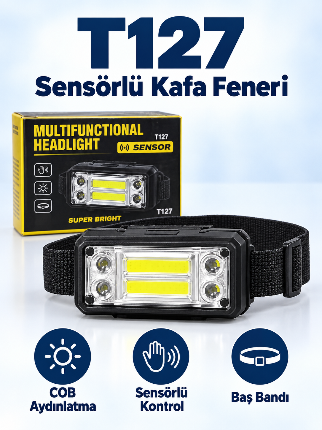 T127 Sensörlü Şarjlı COB LED Kafa Feneri – El Hareketi Kontrollü Ayarlanabilir Baş Lambası T127 kafa feneri ürün bannerı
