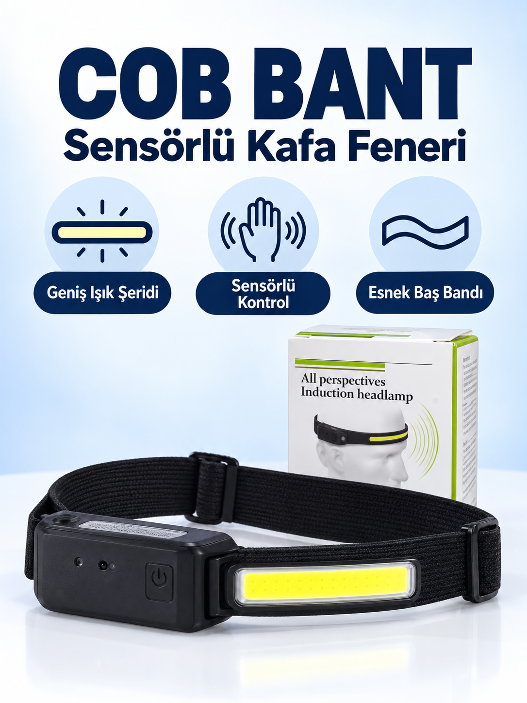 COB Bant Sensörlü Şarjlı Kafa Feneri – Geniş Açılı LED, Hareket Sensörlü, Esnek Baş Bantlı COB bant kafa feneri ürün bannerı