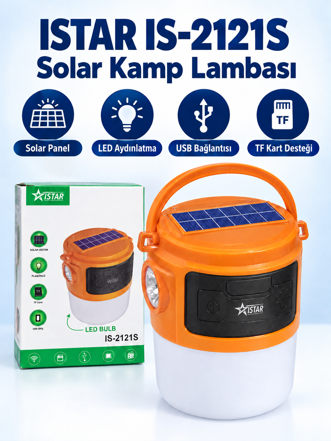 ISTAR IS-2121S Solar Panelli LED Kamp Lambası – USB ve TF Kart Destekli ISTAR IS-2121S Solar Panelli LED Kamp Lambası – USB ve TF Kart Destekli