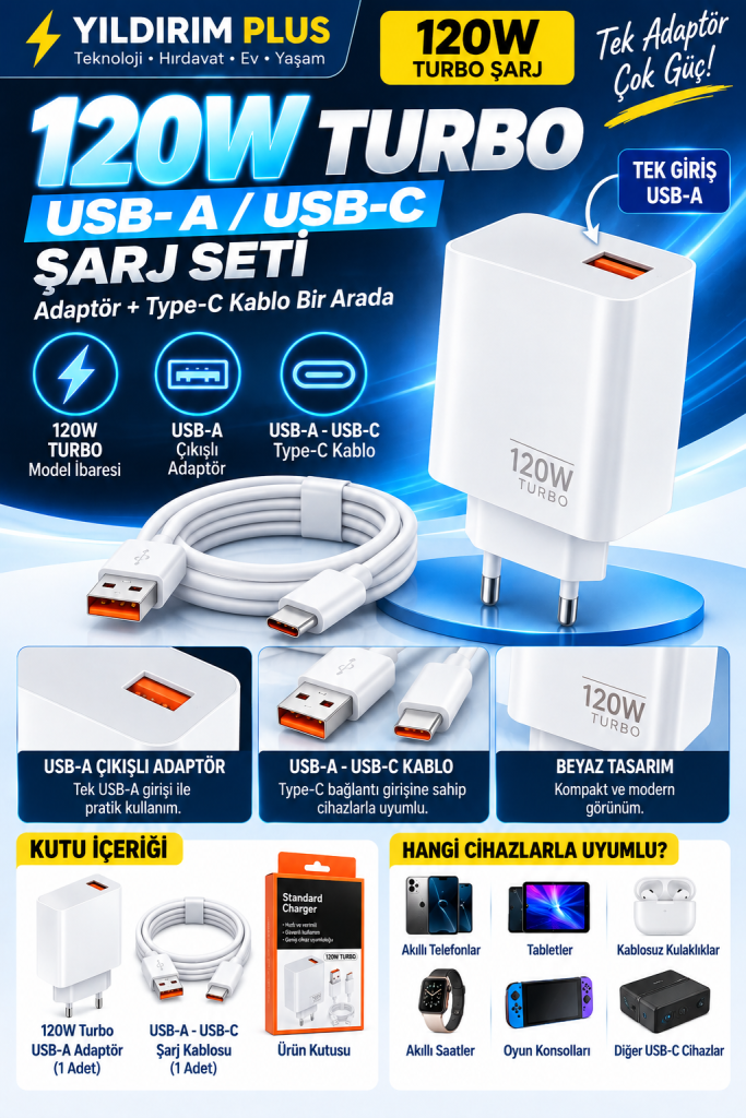 120w turbo usb a Şarj seti