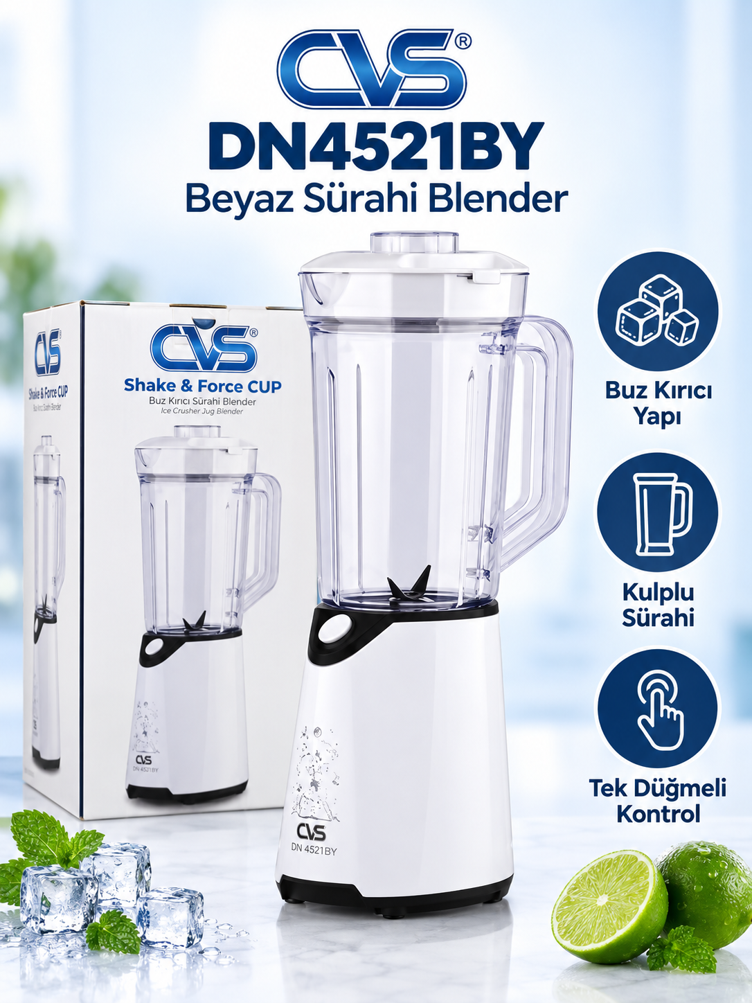 CVS DN4521BY Beyaz Buz Kırıcı Sürahi Blender – Tek Düğmeli Kontrol CVS DN4521BY beyaz blender ürün bannerı