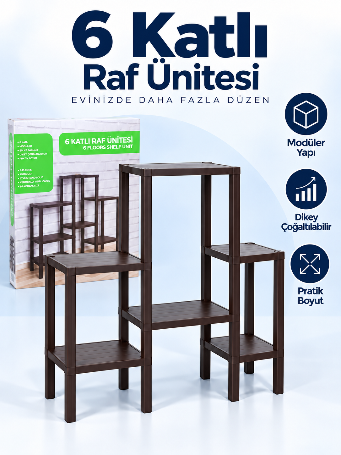 6 Katlı Modüler Çok Amaçlı Raf Ünitesi – Dikey Çoğaltılabilir Dekoratif Düzenleyici 6 Katlı Modüler Raf Ünitesi ürün bannerı