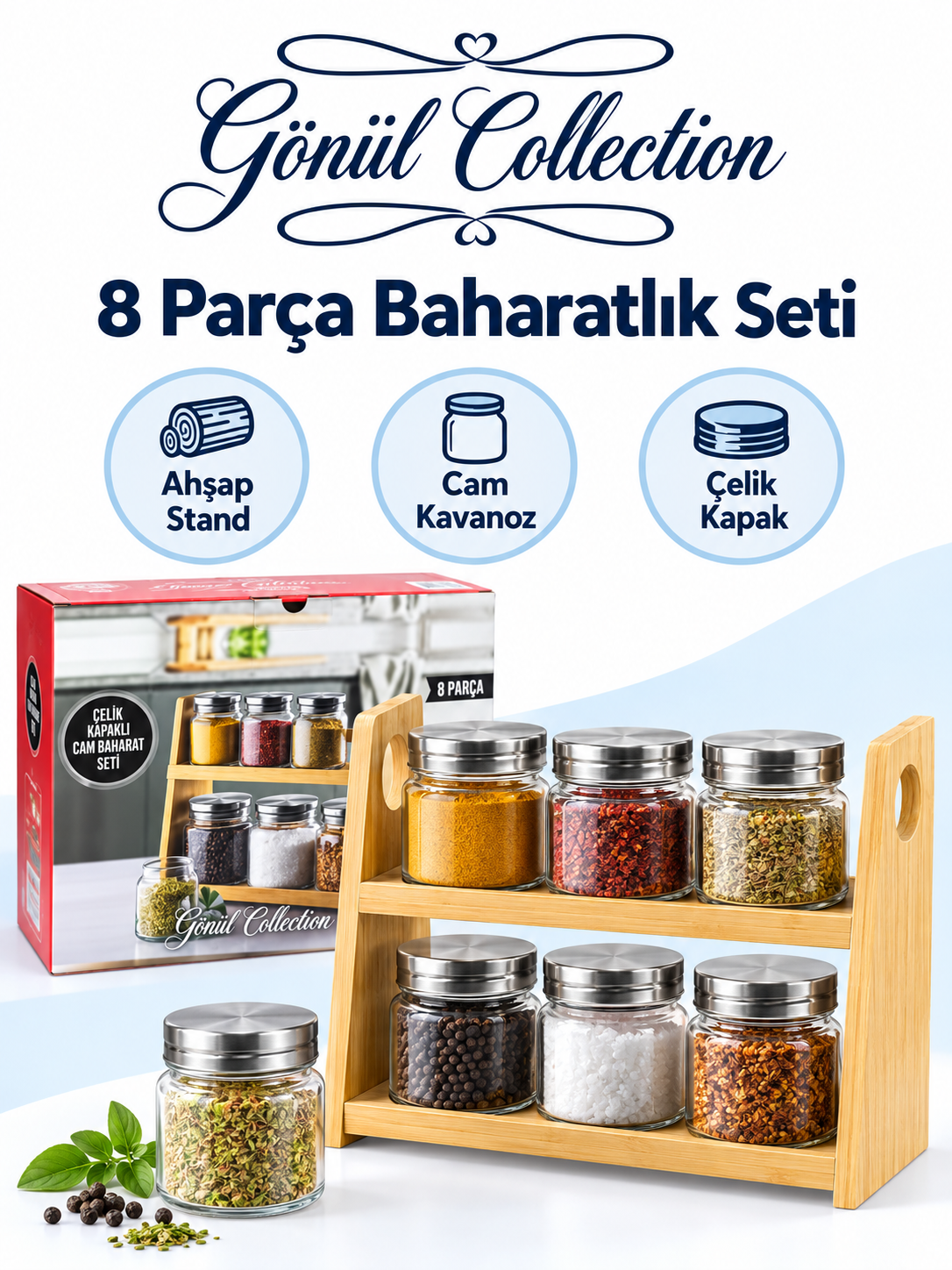 Gönül Collection 8 Parça Ahşap Standlı Cam Baharatlık Seti Çelik Kapaklı Gönül Collection 8 Parça Ahşap Standlı Baharatlık Seti ürün bannerı