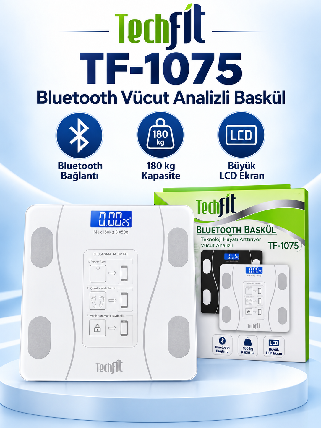Techfit TF-1075 Bluetooth Vücut Analizli Akıllı Baskül – 180 kg Dijital Tartı Techfit TF-1075 Bluetooth Vücut Analizli Baskül ürün bannerı