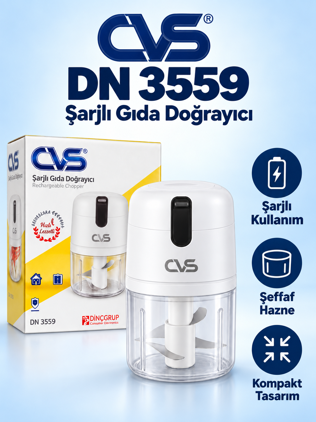 CVS DN 3559 Şarjlı Gıda Doğrayıcı – Şeffaf Hazneli Kompakt Rondo CVS DN 3559 Şarjlı Gıda Doğrayıcı ürün bannerı