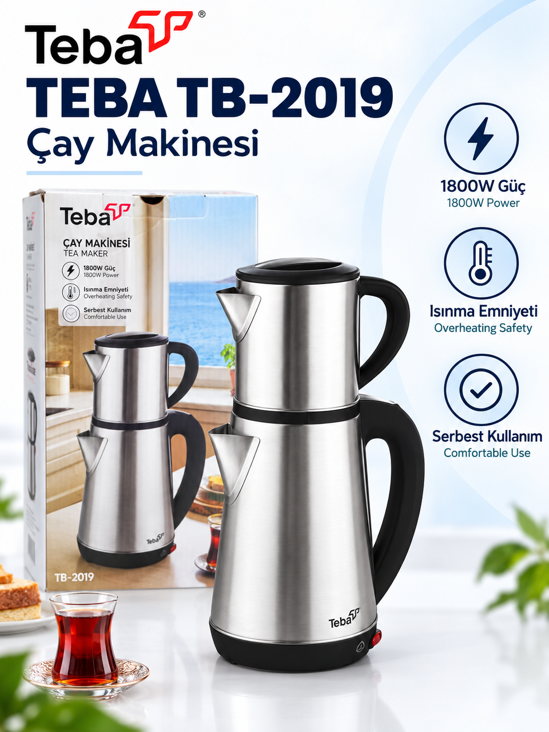 Teba TB-2019 1800W çay makinesi; üst demlik, alt su ısıtıcı ve ısınma emniyetiyle günlük çay hazırlığında pratik ve kullanışlı bir çözüm sunar. Teba TB-2019 1800W Çay Makinesi ürün bannerı