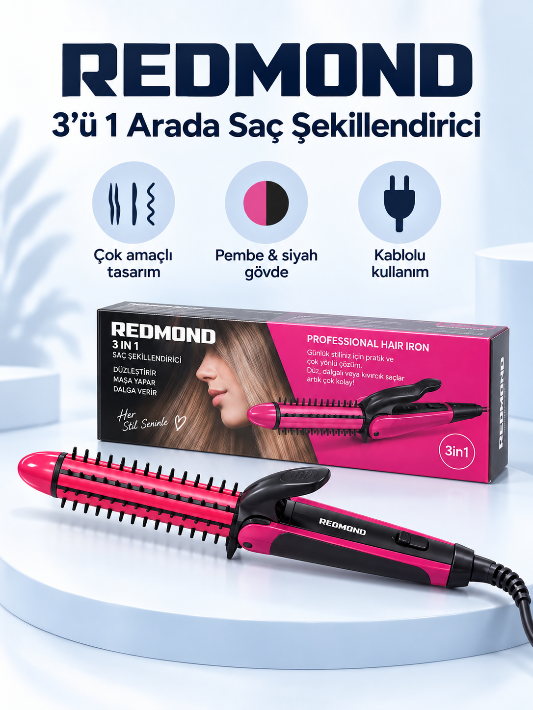 155 redmond 3in1 Redmond 3’ü 1 Arada Pembe Saç Şekillendirici ürün bannerı