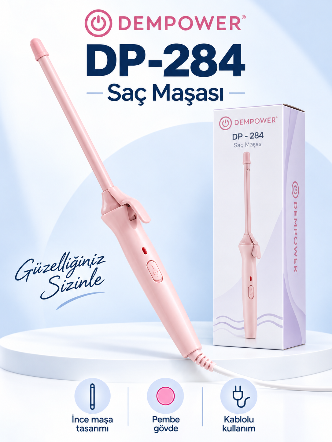 DEMPOWER DP-284 pembe renkli ince silindirik kablolu saç maşası DemPower DP-284 Pembe İnce Saç Maşası ürün bannerı