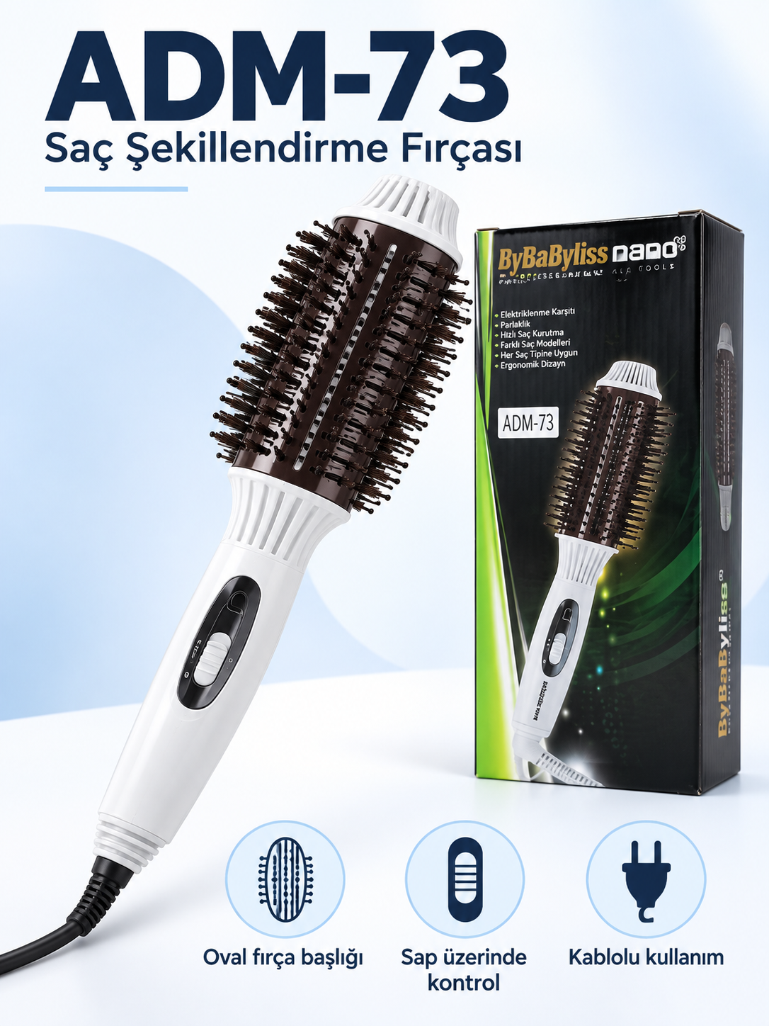 ADM-73 Oval Başlıklı Elektrikli Saç Şekillendirme Fırçası – Kablolu, Sap Üzerinden Kontrollü ADM-73 Oval Başlıklı Saç Şekillendirme Fırçası ürün bannerı