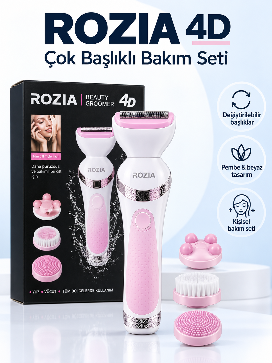 ROZIA 4D Çok Başlıklı Kadın Kişisel Bakım Seti – Tıraş, Temizleme ve Masaj Başlıklı ROZIA 4D Çok Başlıklı Kişisel Bakım Seti ürün bannerı