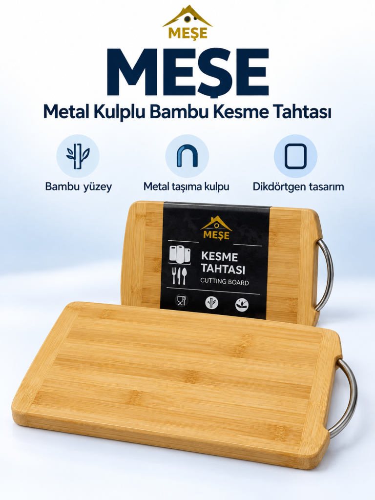 Meşe Metal Kulplu Bambu Kesme Tahtası ürün bannerı