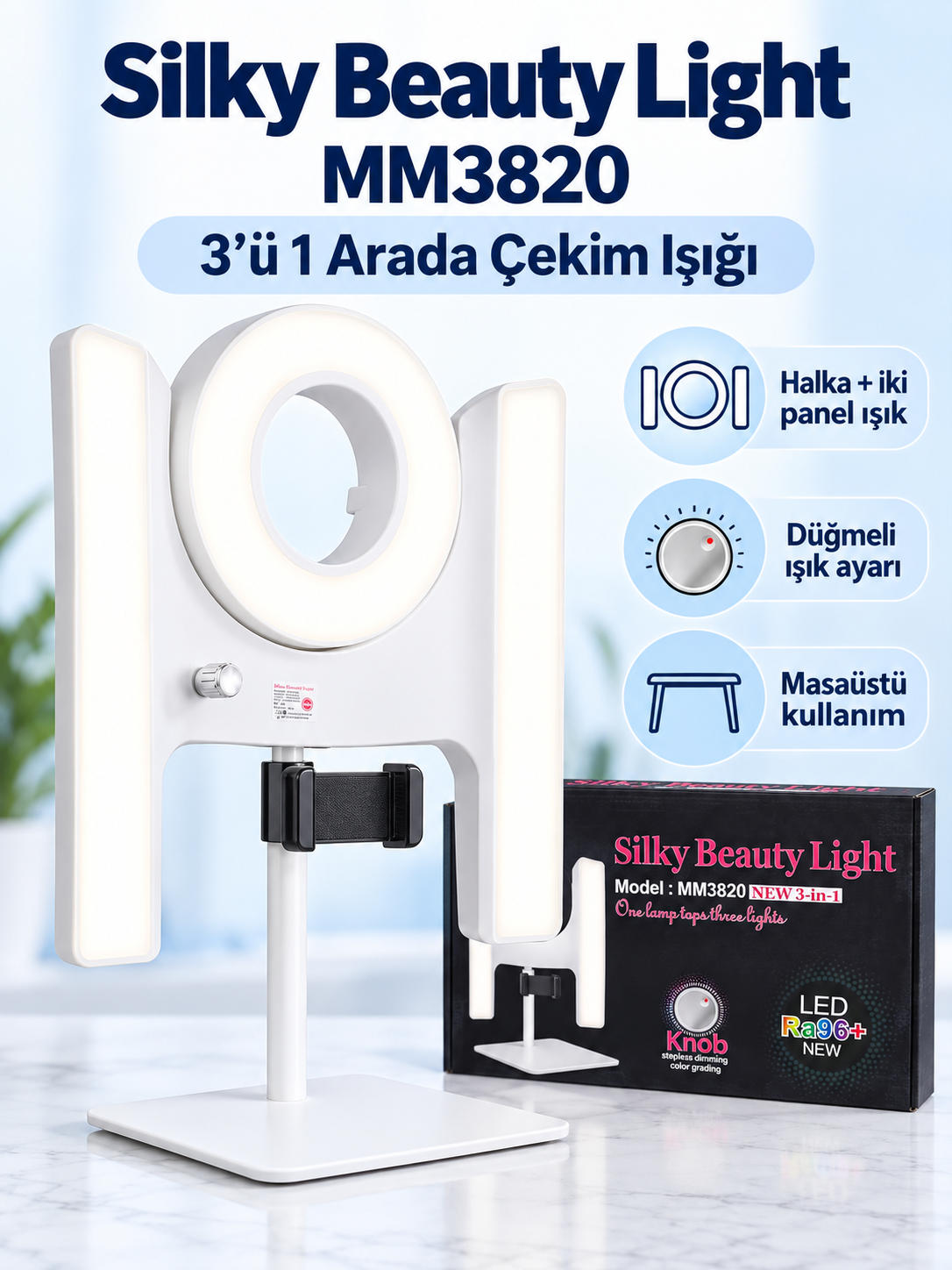 Silky Beauty Light MM3820 3'ü 1 Arada Masaüstü LED Çekim Işığı Halka ve Çift Panel Işık, Ayarlanabilir Aydınlatma Silky Beauty Light MM3820 3'ü 1 Arada Masaüstü Çekim Işığı ürün bannerı