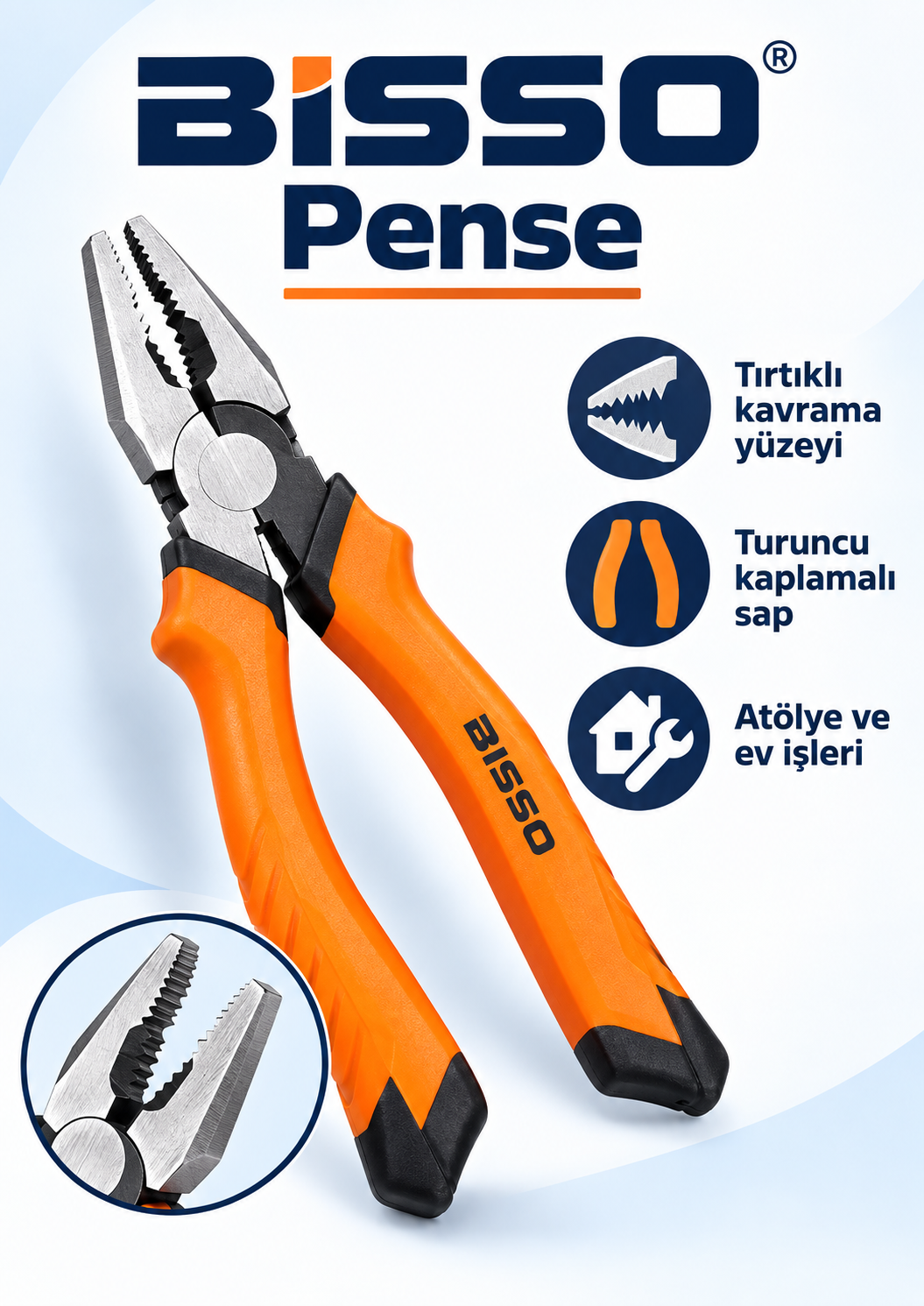 BISSO Turuncu Saplı Kombine Pense – Tırtıklı Kavrama Çeneli El Aleti BISSO Turuncu Saplı Pense ürün bannerı