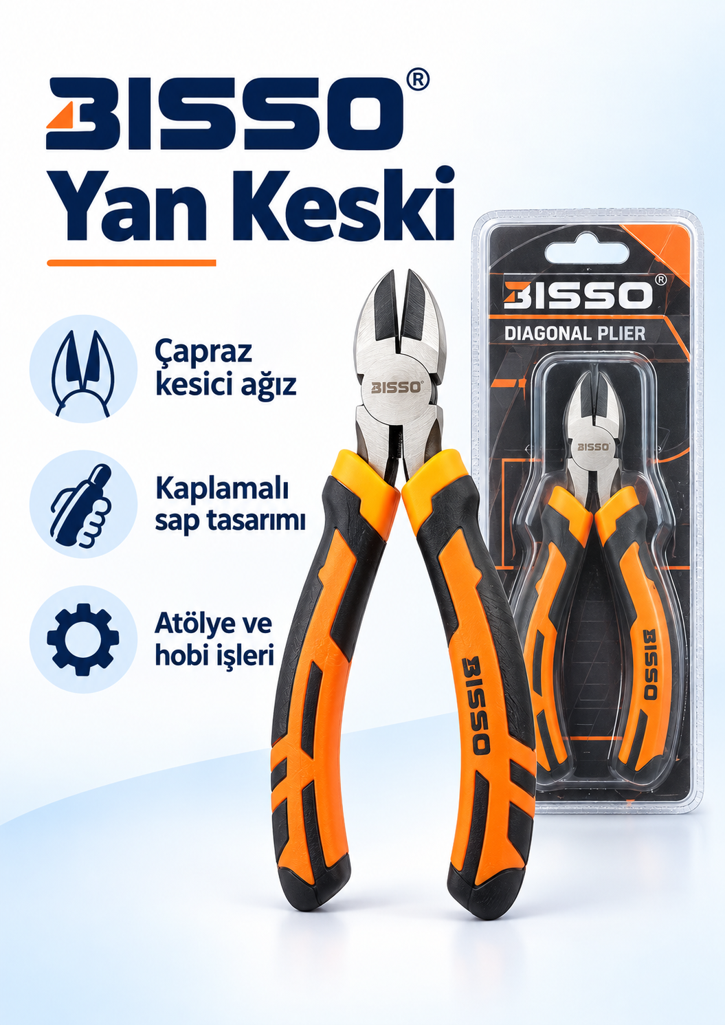 BISSO Kaplamalı Saplı Yan Keski Pense – Çapraz Kesici Ağızlı El Aleti BISSO Kaplamalı Saplı Yan Keski ürün bannerı
