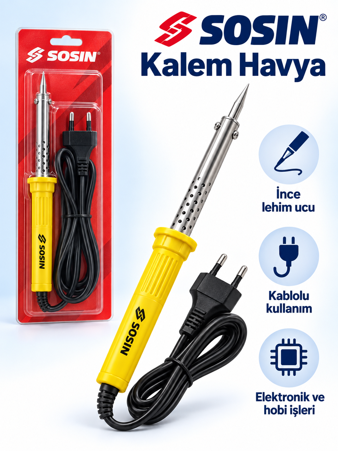 SOSIN Kablolu Kalem Havya – İnce Uçlu Elektrikli Lehimleme Havyası SOSIN Kablolu Kalem Havya ürün bannerı