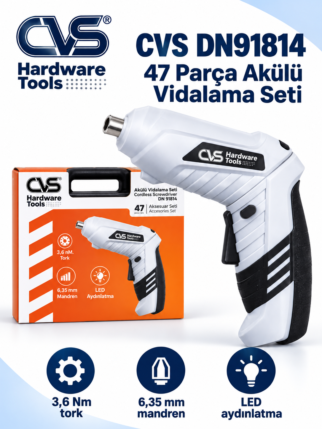 CVS DN91814 47 Parça Akülü Vidalama Seti – 3,6 Nm Torklu LED Işıklı Şarjlı Tornavida CVS DN91814 47 Parça Akülü Vidalama Seti ürün bannerı