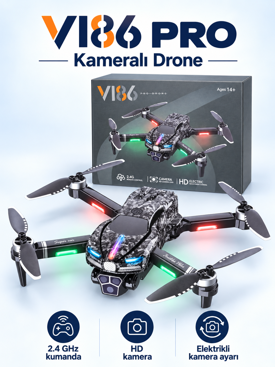 V186 PRO Kameralı Drone – Çift Batarya, Telefona Kayıt, Elektrikli Kamera Ayarı V186 Pro Kameralı Drone ürün bannerı
