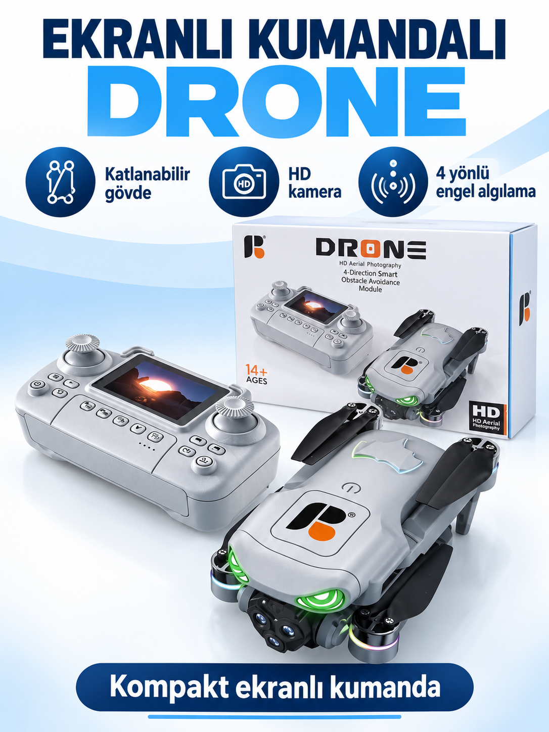R08 ekranlı kumandalı HD çift kameralı 4 yönlü engel algılamalı katlanabilir drone R08 ekranlı kumandalı HD çift kameralı 4 yönlü engel algılamalı katlanabilir drone