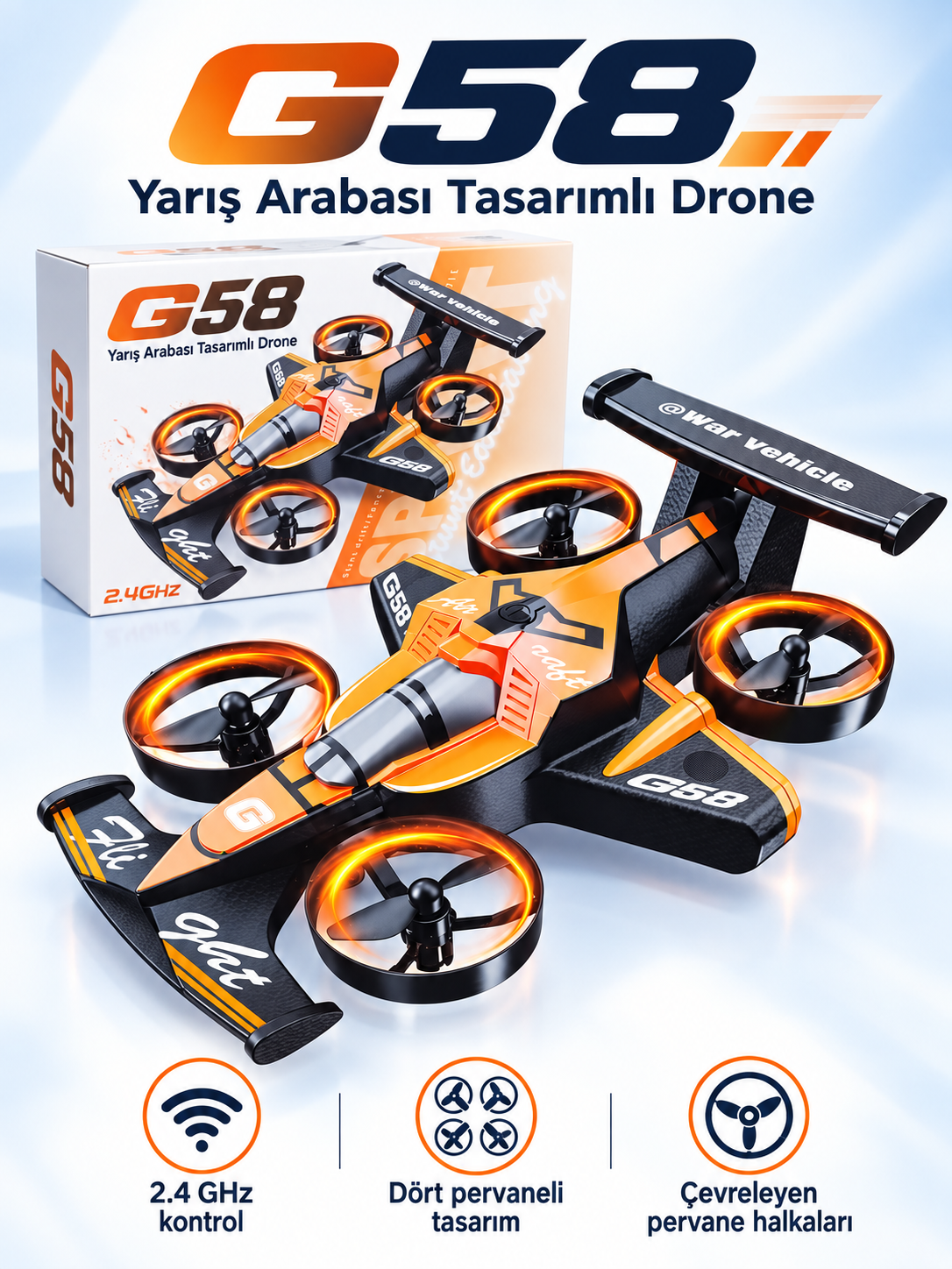 G58 Yarış Arabası Tasarımlı Drone ürün bannerı G58 Yarış Arabası Tasarımlı Drone ürün bannerı