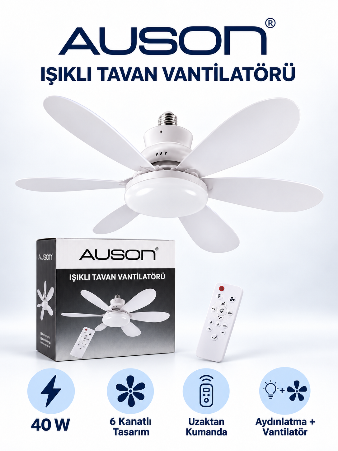 AUSON 40W beyaz 6 kanatlı ışıklı tavan vantilatörü uzaktan kumandalı duy tipi fan AUSON 40W ışıklı tavan vantilatörü ürün bannerı