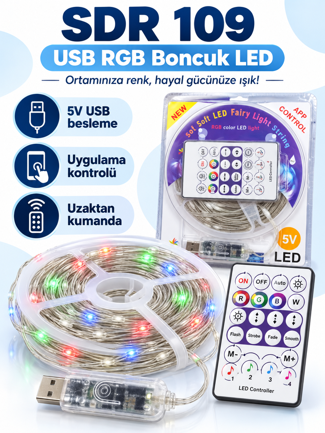 242 sdr109 boncukled SDR 109 USB RGB Boncuk LED Uygulama ve Kumanda Kontrollü ürün bannerı