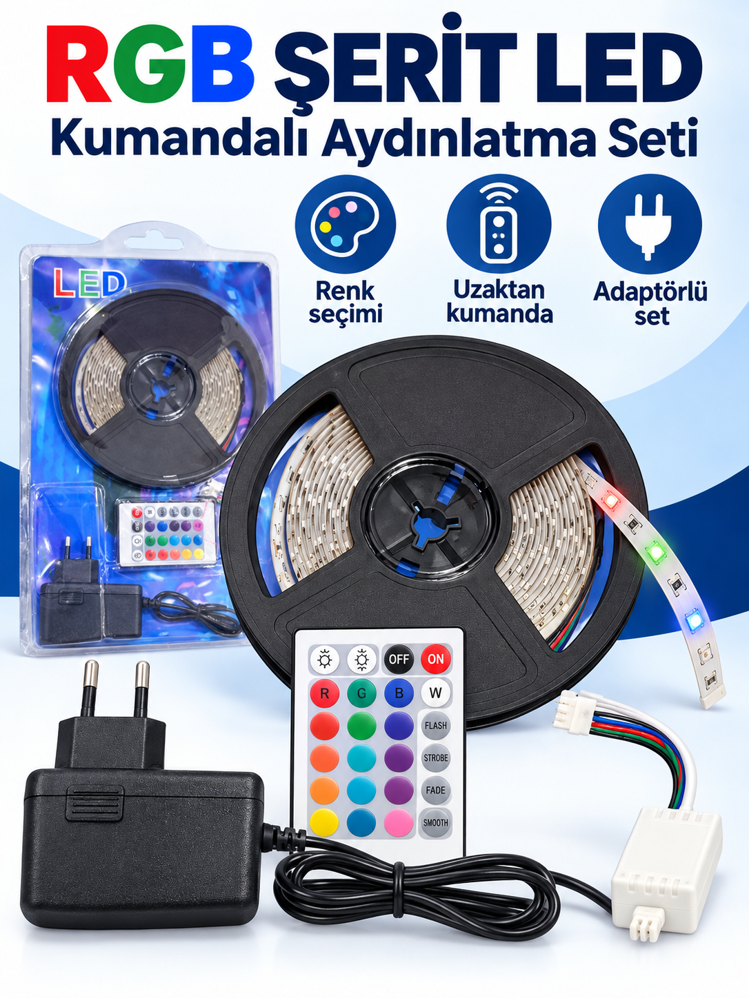 RGB Kumandalı Şerit LED Aydınlatma Seti – Adaptörlü, Çok Renkli Dekoratif LED RGB Kumandalı Şerit LED Aydınlatma Seti – Adaptörlü, Çok Renkli Dekoratif LED
