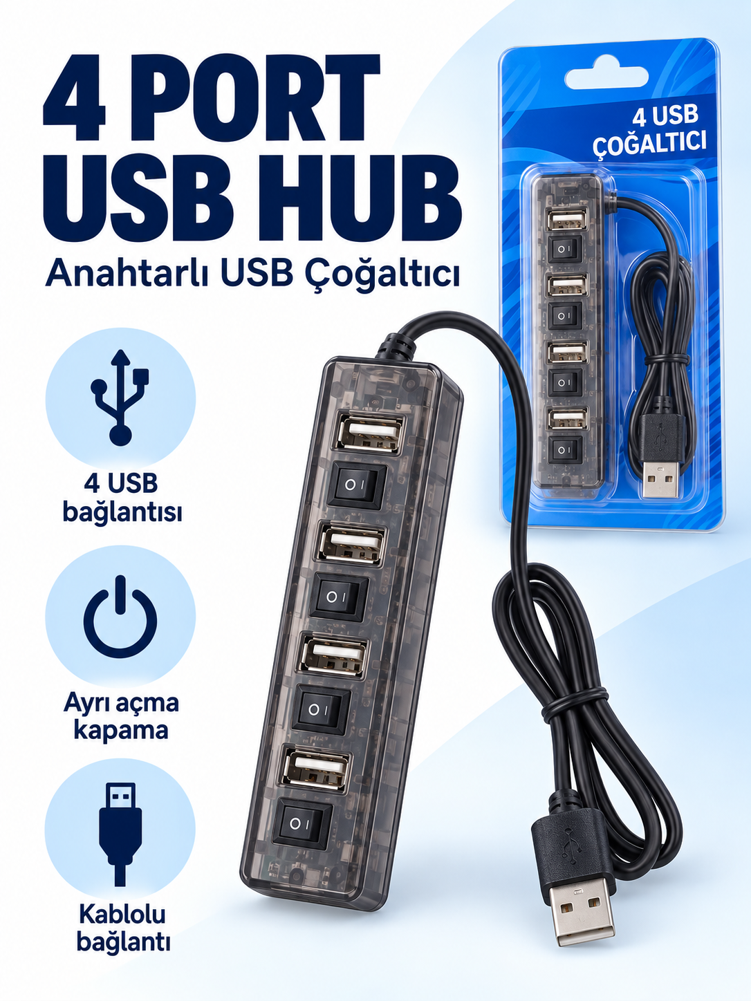 4 Port Anahtarlı USB Hub – Ayrı Açma Kapama Düğmeli USB Çoklayıcı 4 Port Anahtarlı USB Çoğaltıcı ürün bannerı