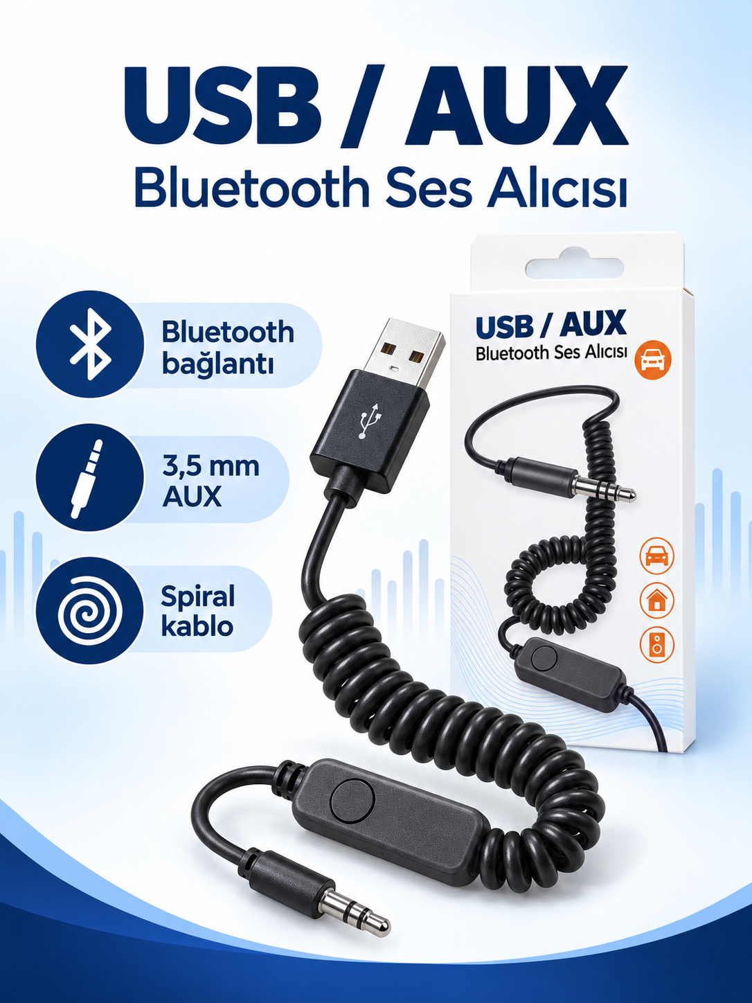 255 usb aux bluetooth USB AUX Bluetooth Ses Alıcısı Spiral Kablo ürün bannerı