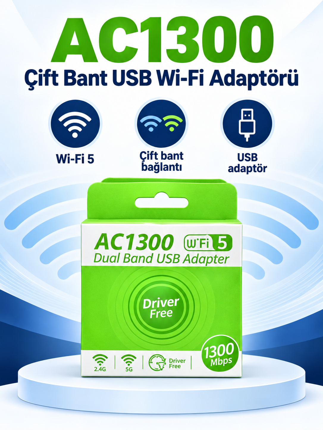AC1300 Wi-Fi 5 Çift Bant USB Adaptör ürün bannerı AC1300 Wi-Fi 5 Çift Bant USB Adaptör ürün bannerı