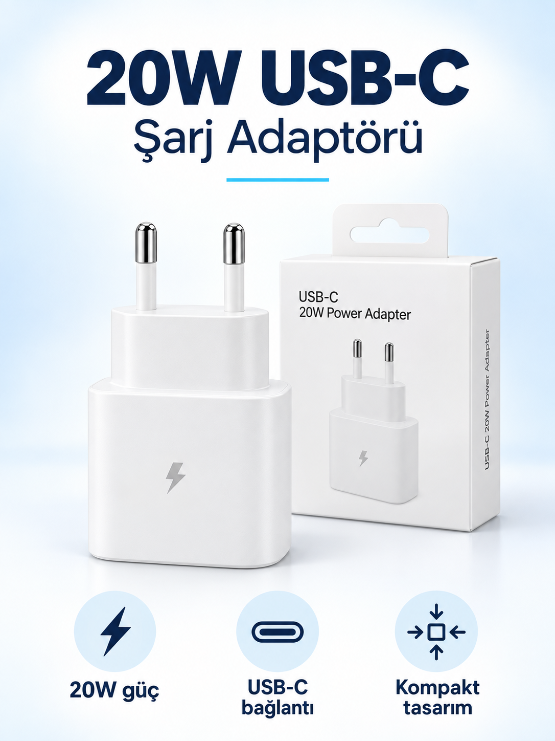 20W USB-C Şarj Adaptörü – Type-C Çıkışlı Beyaz Kompakt Şarj Başlığı 20W USB-C Şarj Adaptörü ürün bannerı