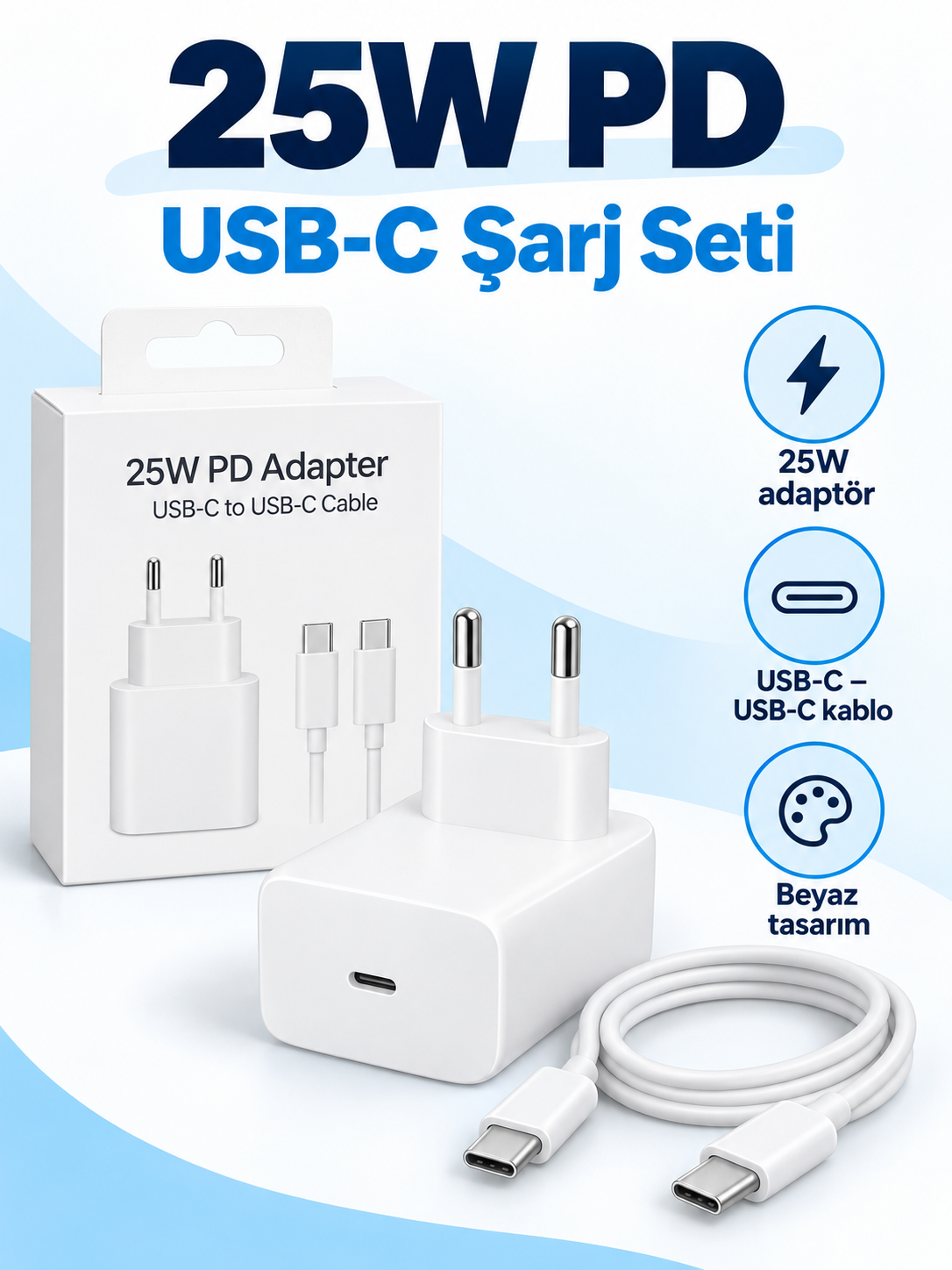 25W PD USB-C Hızlı Şarj Seti – Type-C to Type-C Kablolu Beyaz Adaptör 25W PD USB-C Beyaz Şarj Seti ürün bannerı