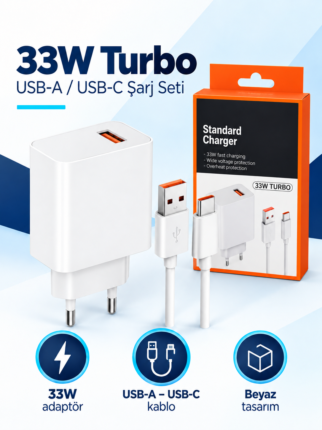 33W Turbo USB-A Type-C Şarj Seti – Beyaz Adaptör ve USB-C Kablo 33W Turbo USB-A USB-C Şarj Seti ürün bannerı