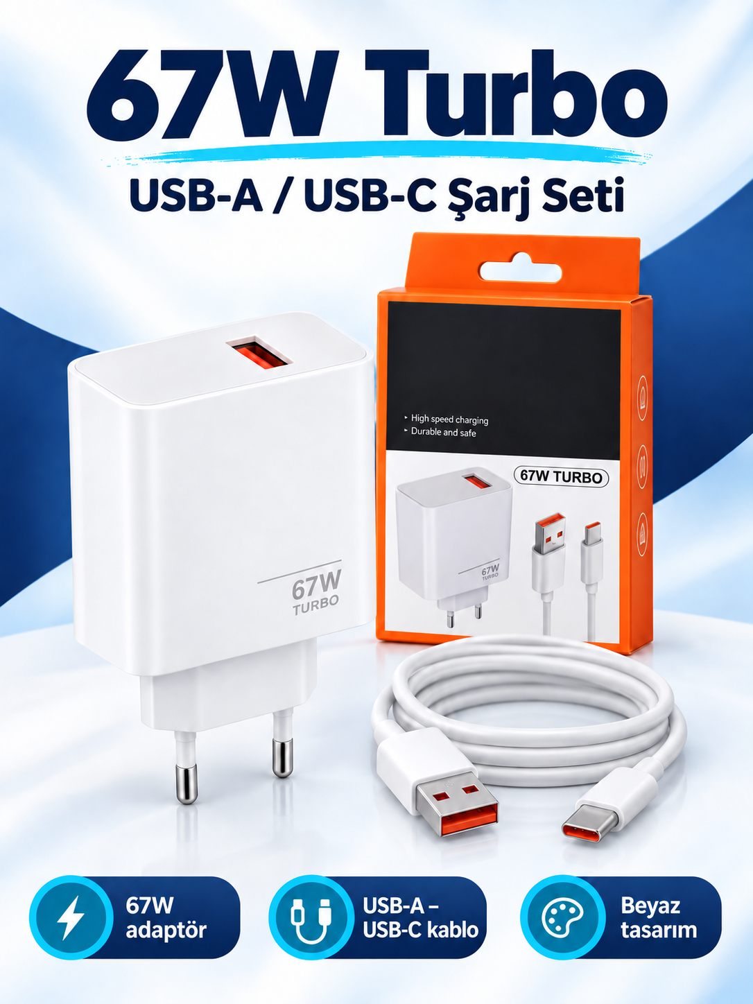 67W Turbo USB-A Type-C Şarj Seti – Beyaz Adaptör ve USB-C Kablo 67W Turbo USB-A USB-C Şarj Seti ürün bannerı