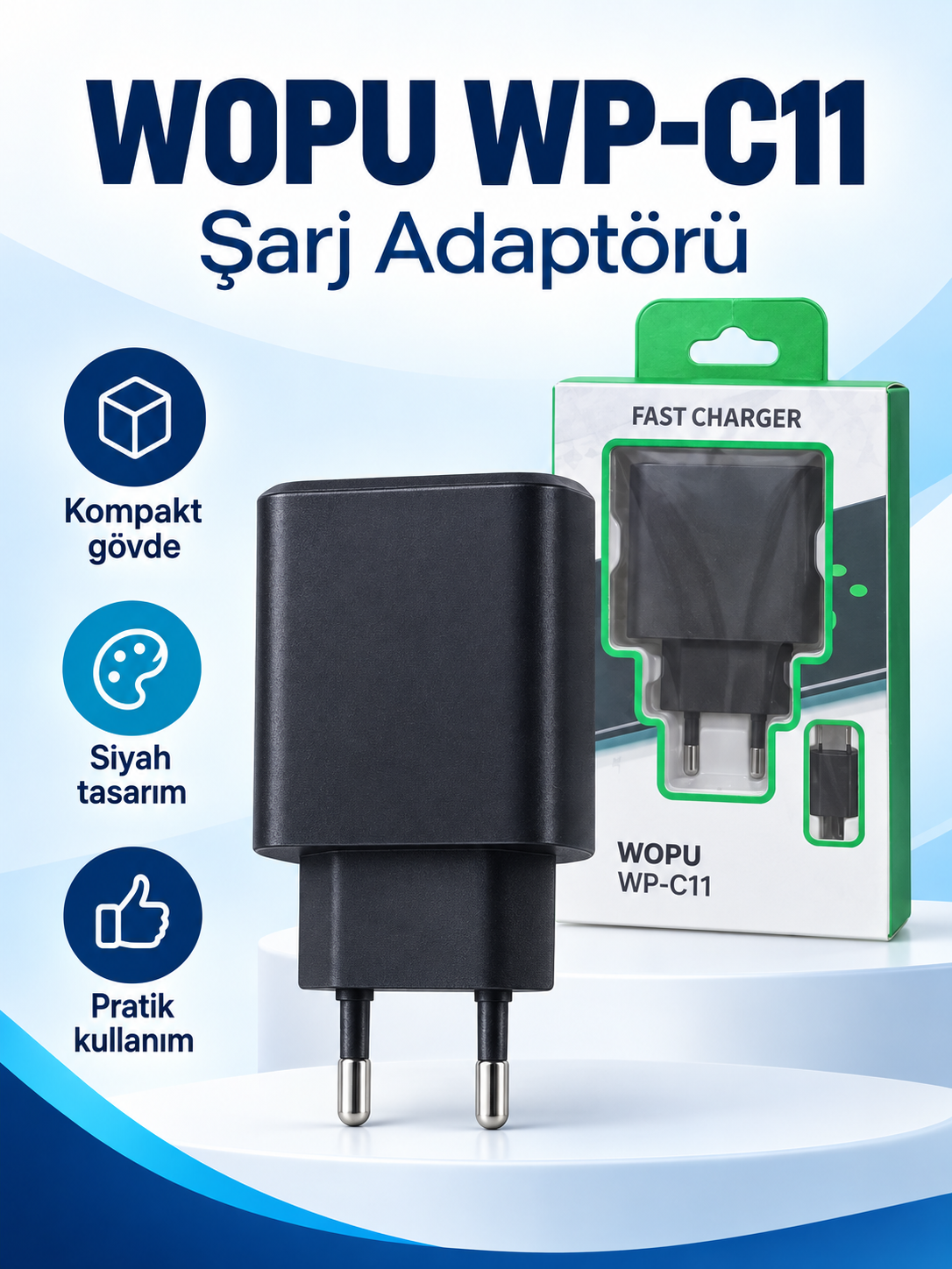 WOPU WP-C11 Siyah Şarj Adaptörü – Kompakt Duvar Tipi Şarj Cihazı WOPU WP-C11 Siyah Şarj Adaptörü ürün bannerı