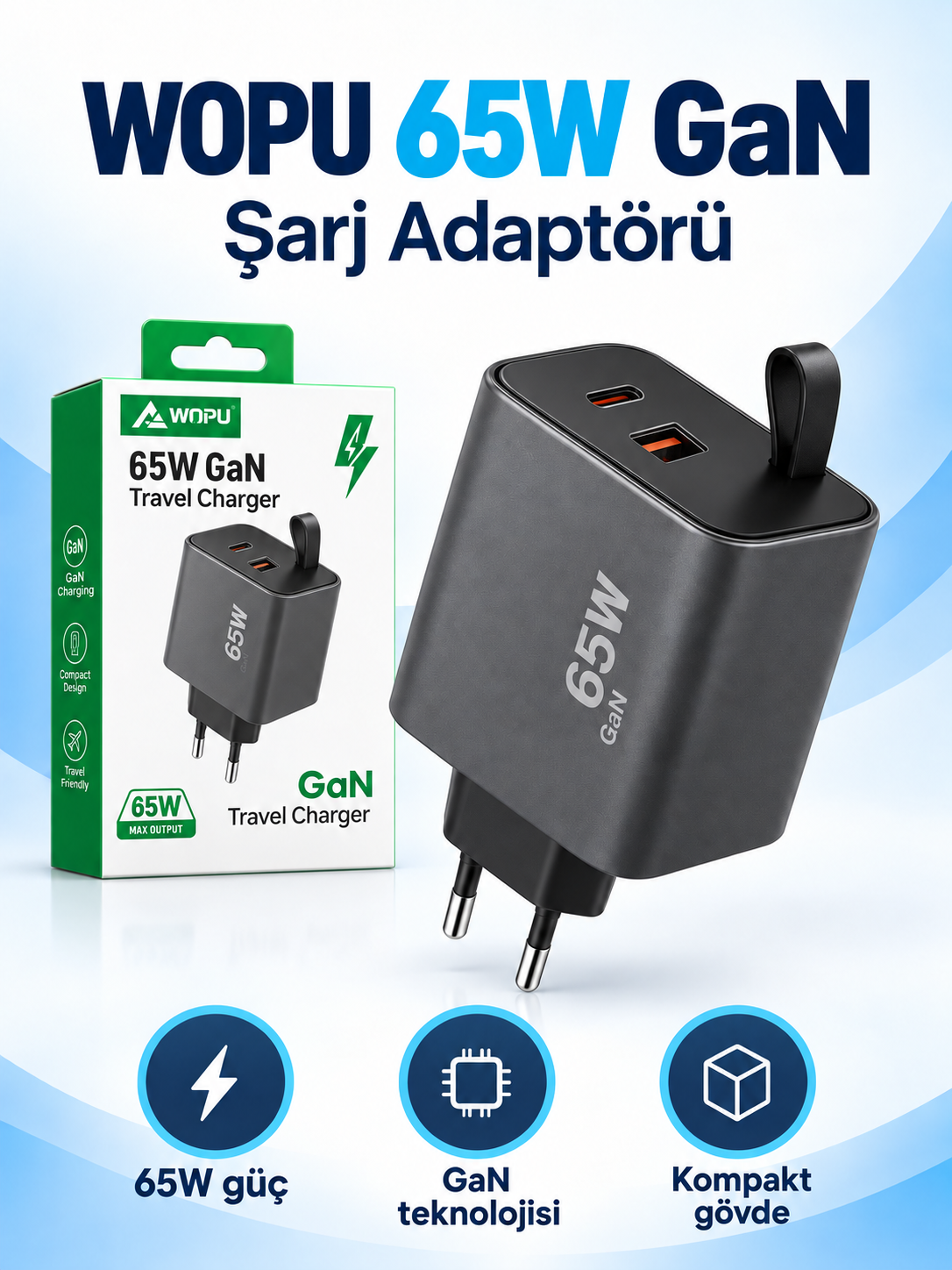 WOPU 65W GaN Şarj Adaptörü ürün bannerı WOPU 65W GaN Şarj Adaptörü ürün bannerı
