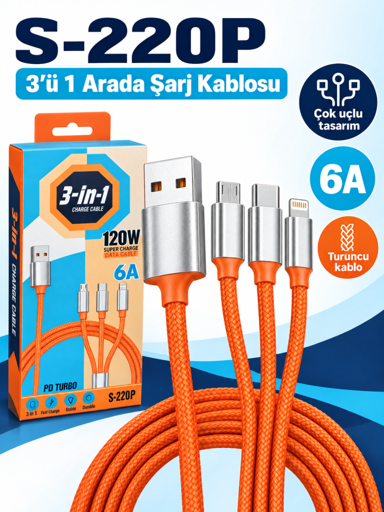 S-220P 3'ü 1 Arada Şarj Kablosu ürün bannerı