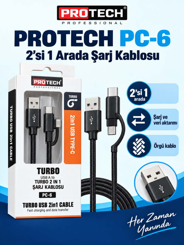 PROTECH PC-6 2'si 1 Arada Şarj Kablosu ürün bannerı