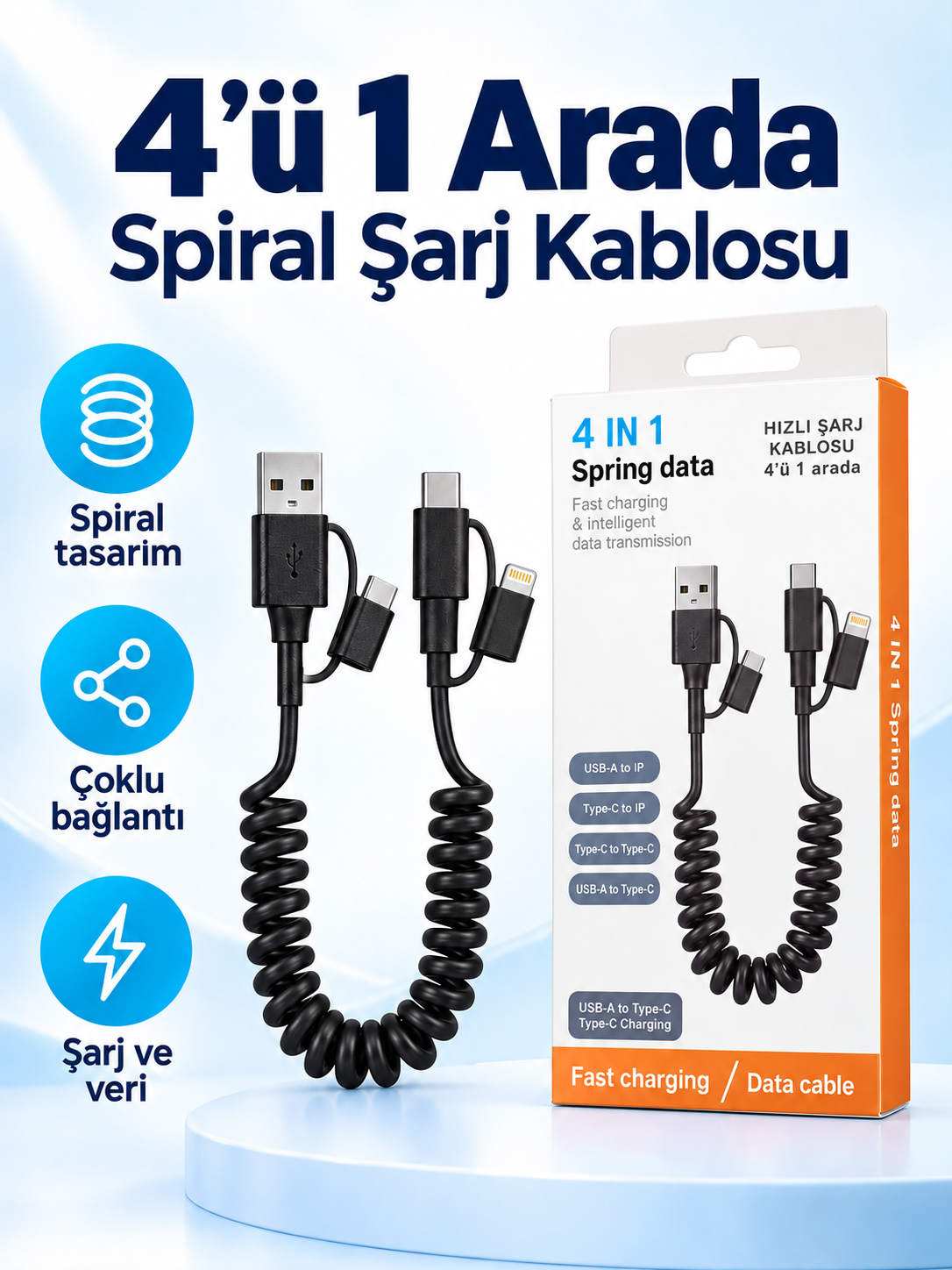 298 spiral 4in1 kablo 4’ü 1 Arada Spiral Şarj ve Veri Kablosu ürün bannerı