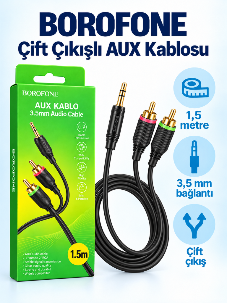 Borofone 1,5 Metre 3,5 mm – Çift RCA Ses Kablosu ürün bannerı