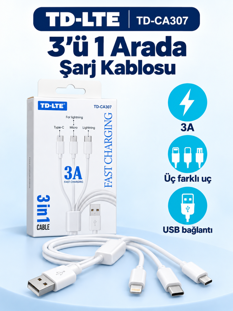 TD-LTE TD-CA307 3’ü 1 Arada Şarj Kablosu ürün bannerı