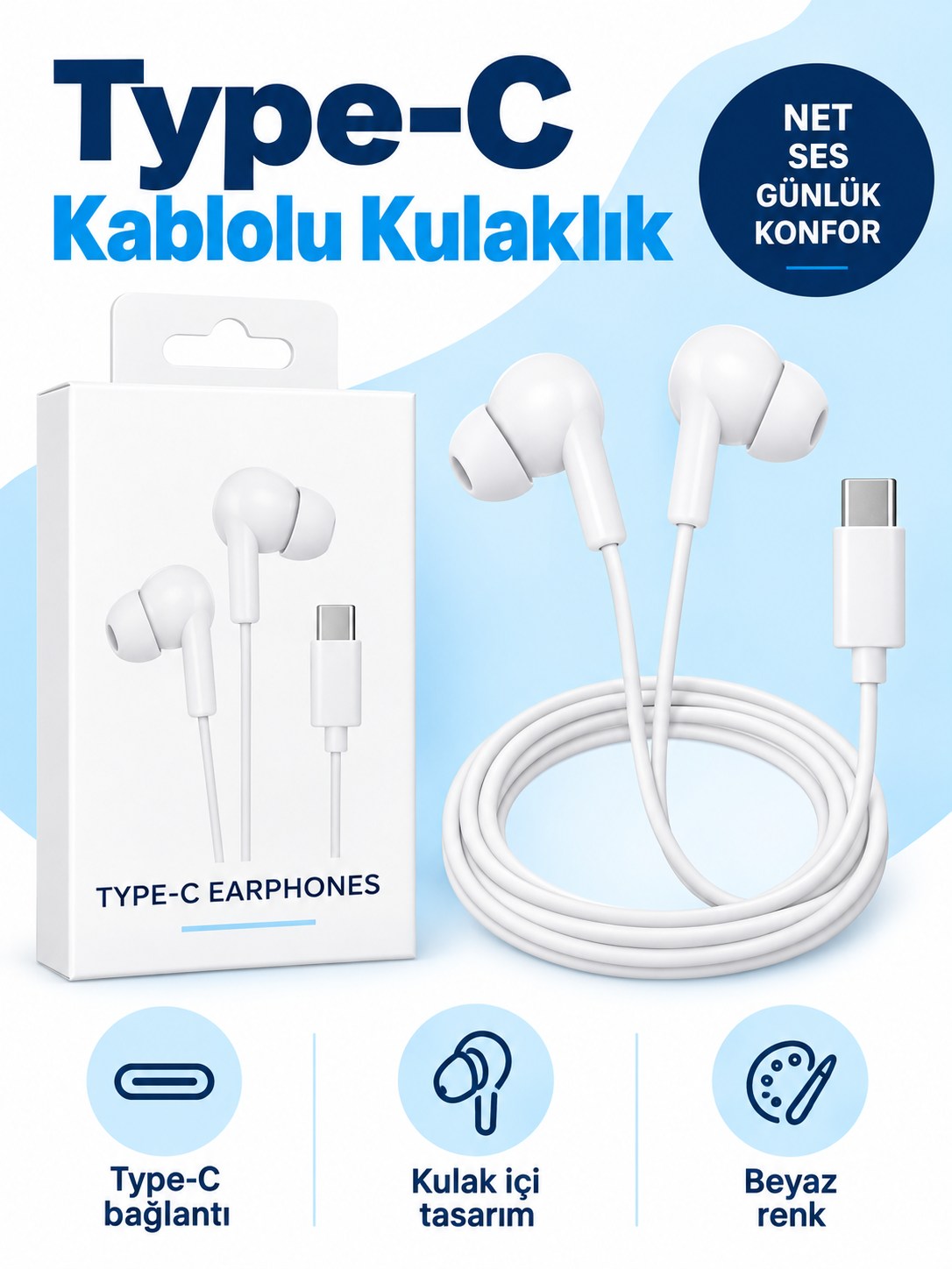 314 beyaz typec kulaklik Beyaz Type-C Kablolu Kulaklık ürün bannerı