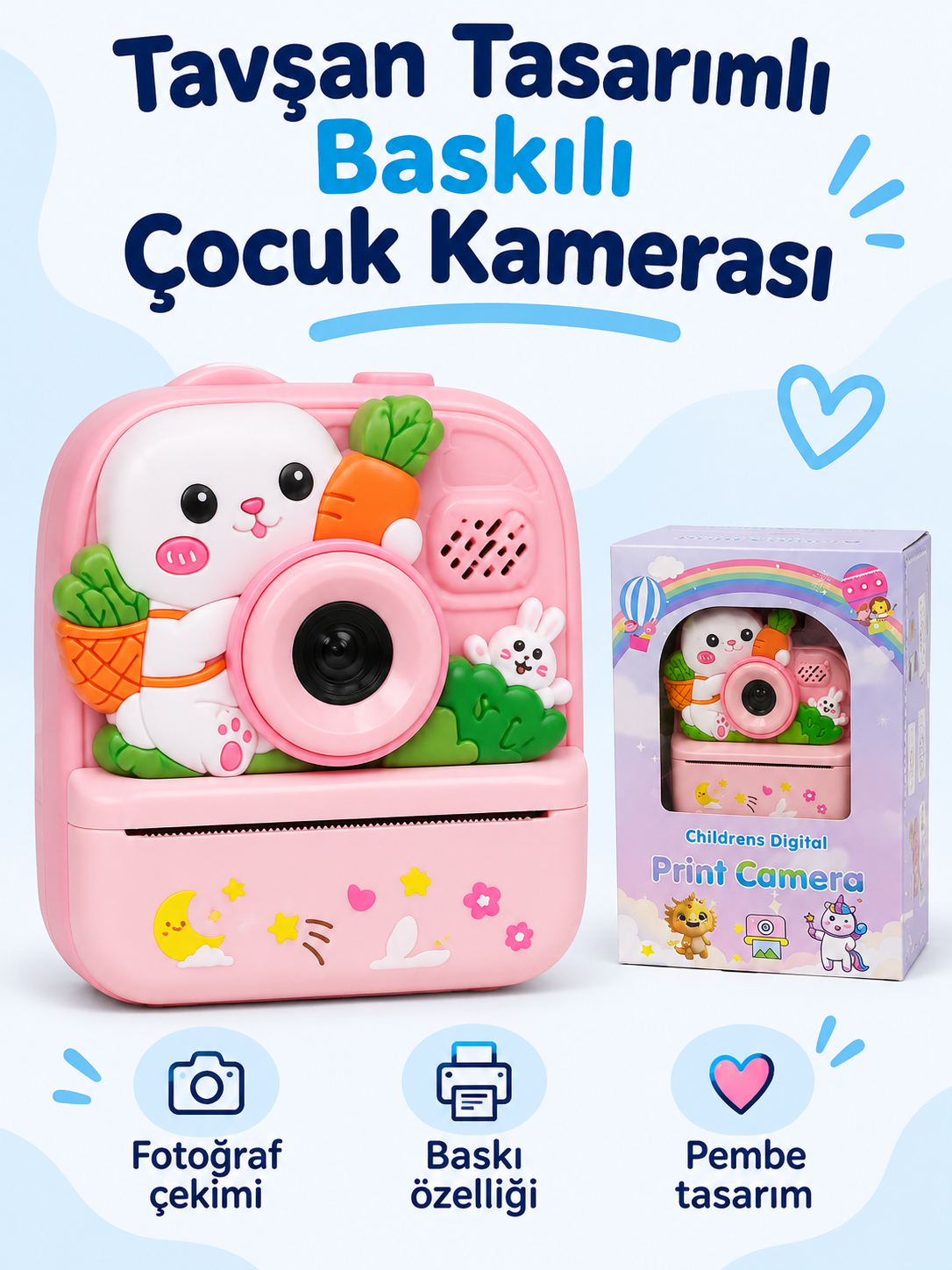 Tavşan Tasarımlı Baskılı Çocuk Kamerası – Pembe Fotoğraf Baskı Özellikli Dijital Kamera Tavşan Tasarımlı Baskılı Çocuk Kamerası ürün bannerı