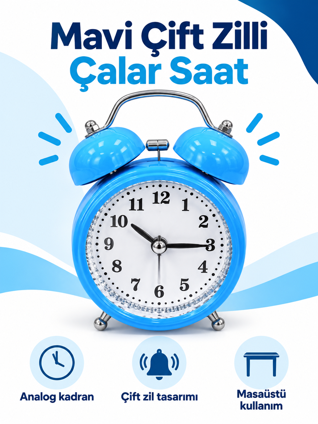 Mavi Çift Zilli Analog Çalar Saat – Klasik Tasarımlı Masaüstü Alarm Saati Mavi Çift Zilli Çalar Saat ürün bannerı