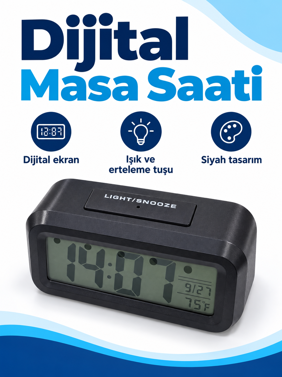 Dijital Masa Saati – LCD Ekranlı, Işıklı ve Erteleme Tuşlu Siyah Alarm Saati Dijital Masa Saati ürün bannerı